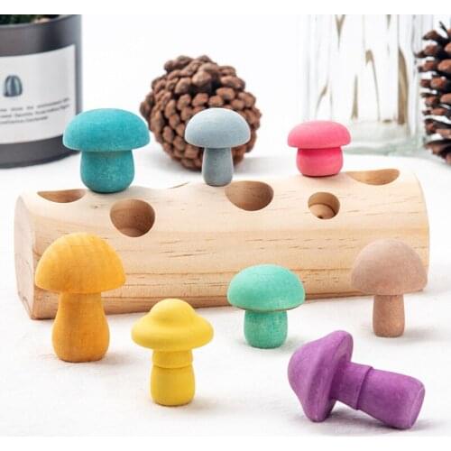 Wooden Toys Montessori Rainbow Blocks Mushroom Picking Game Toys Educational Shape Matching Grasping Ability Gift for Baby Kids