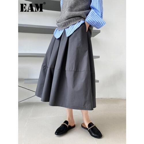 [EAM] High Elastic Waist Gray Brown Casual A-LINE Midi Half-body Skirt Women Fashion Tide New Spring Autumn 2021 1DE2807