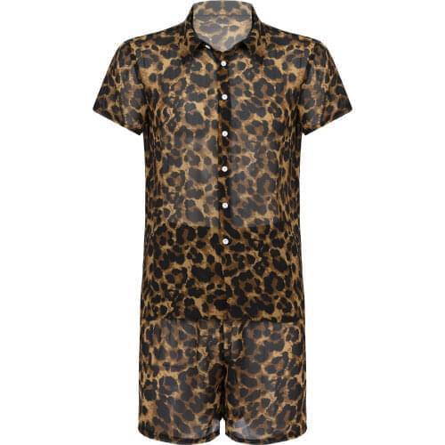 Men Sexy Leopard Print See-through Set Summer Beach Wear Turn-down Collar Short Sleeve Button Shirt with Shorts Nightclub Outfit