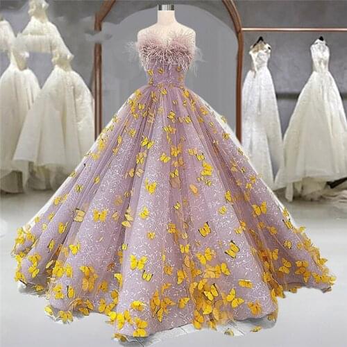 3D Butterfly Lace Prom Dresses Feather Strapless A Line Evening Gowns Sleeveless Lace Up Back Formal Party Dress Custom Made