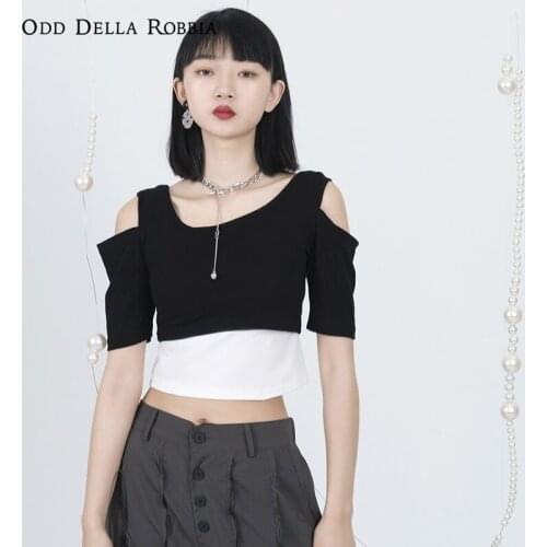 OddDellaRobbia Summer New Hot Girl Fashion Strapless Short-Sleeved Slim-Fit Fake Two-Piece Contrast Elastic Short T-Shirt TopB01