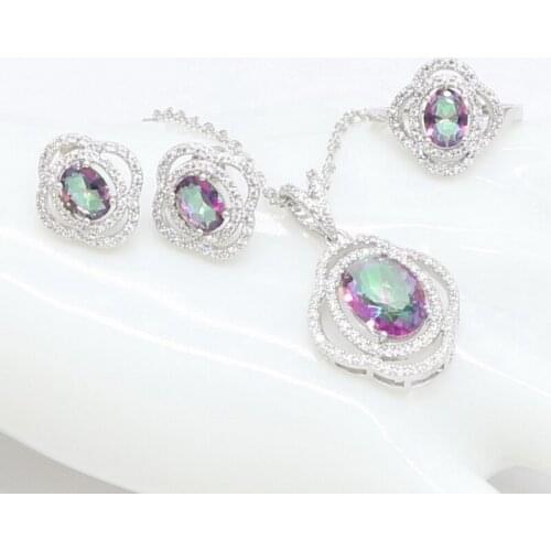 XUTAAYI Fashion Chevron Shape Oval multicolor Cubic Zirconia Stone Engagement Jewelry Set For Women Sterling Silver Color