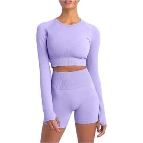 New Seamless Knit Casual Yoga Suit Thumb Hole Long Sleeve Tight Middle Pants Ladies Fitness