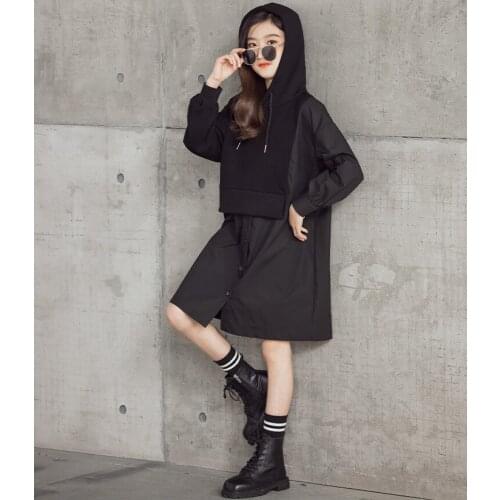 Girls Black Dress 2021 Fall New Teenage Girl Patchwork Hooded Long Sleeve Causal Dresses Kids Dress For Girl 6 8 10 12 14 16Year