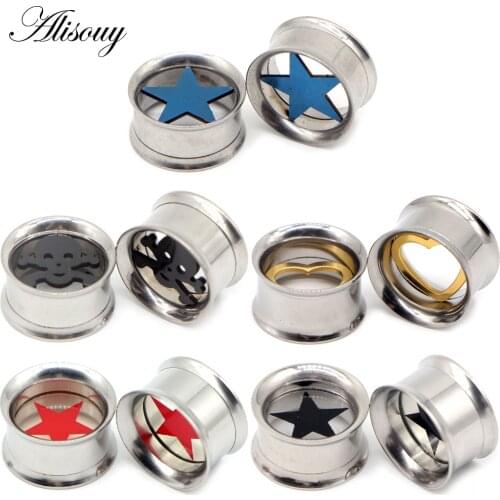 Alisouy 2pcs Star Skull Ear Piercing Body Jewelry Stretcher Steel Screw Tunnels Plugs Expander Gauges Fashion Gift For Women Men