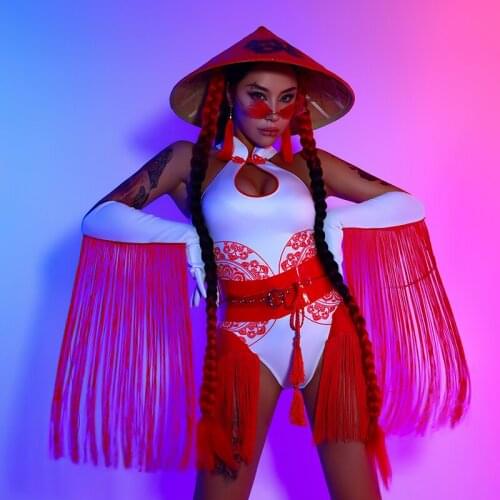 Fringe Pole Dance Costumes Women White Pole Dance Wear Sexy Bodysuit Designer Clothes Performance Costume DJ DS Clubwear DL7866