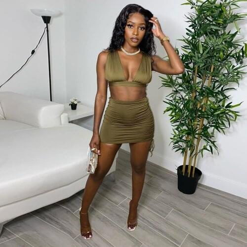Sexy Bandage Two Piece Club Outfits Womens Clothes 2021 Deep V Neck Sleeveless Tank Top and Ruched Mini Skirts Matching Suits