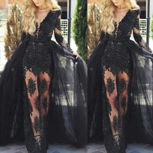 SuperKimJo Detachable Skirt Black Prom Dresses 2021 Lace Applique Beaded Modest Sexy Elegant Prom Gown 2020 Robe De Soiree