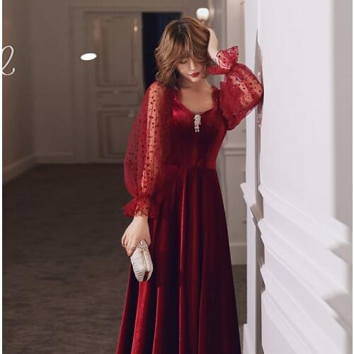 2020 Long Sleeves Long Formal Dinner Wear Velvet Evening Dresses Real Photo Party Gowns V-neck