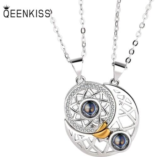QUEENKISS NC621 Jewelry Wholesale Fashion Lady Girl Birthday Wedding AAA Zircon Sun And Moon 18KT White Gold Pendant Necklace
