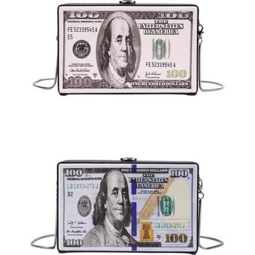 Women Retro Dollar Bill Box Clutch Fashion Hundred Chain Shoulder Bags Cute Crossbody Evening Purse High Quality and Brand New