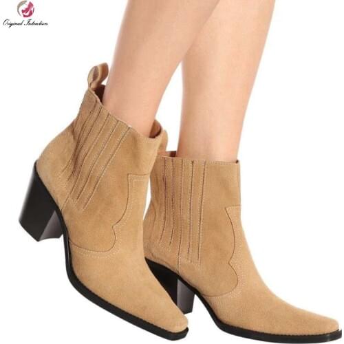 Woman Simple Fashion Solid Square Heel ANKLE Boots Winter Flock Pointed Toe High Heels Boots Casual Office Boots Big Size 34-45