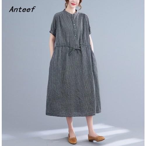 Short sleeve cotton vintage stripe dresses for woman casual loose long woman summer dress elegant clothes 2021
