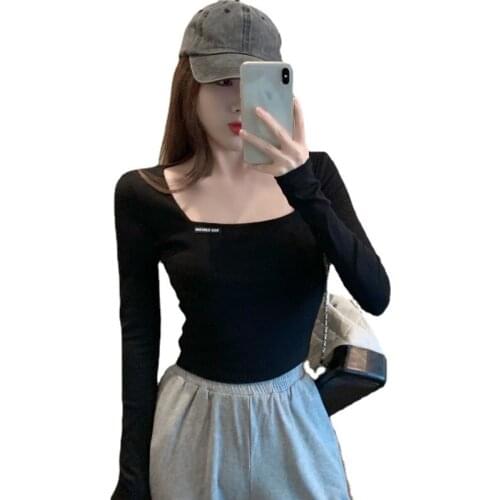2021 Summer Spring Crop Top Long Sleeve Women Black Sexy Shirt White Square Neck Casual Tee Top Mujer Ladies