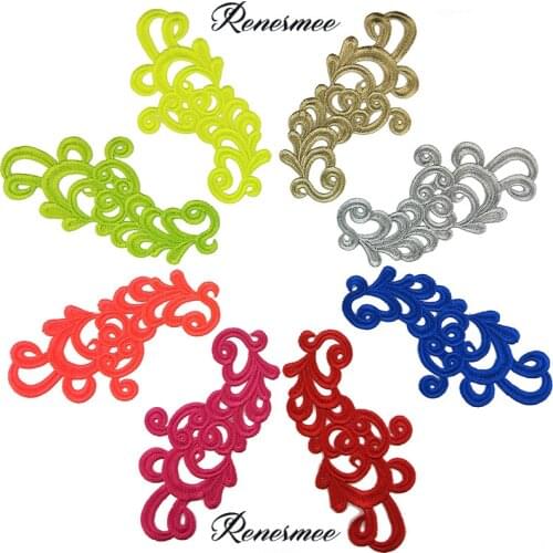 1Mirror Pair Gold Phoenix Embroidery Patch Lace Fashion Dance Dress Wedding Cheongsam Pair of Flowers Lace Applique 17X8.5cm