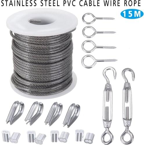 15M 2mm Stainless Steel Wire Rope Cable Hooks Kit for Hanging Plants Tent Curtain Clothes Lines Outdoor Chandeliers Railings