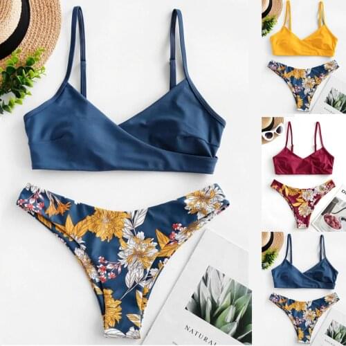 2021 Sexy Women Swimwear Summer Two-Piece Flower Print Split Set Bikinis Mujer Set Female Beachwear Swimsuit Kупальник Женский