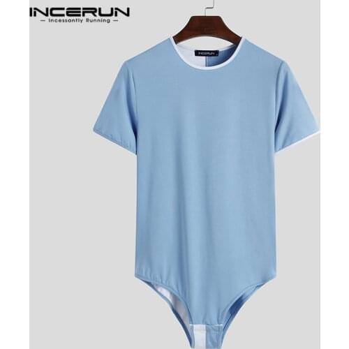 Fashion Fitness T-Shirt INCERUN Men Bodysuit T Shirts Short Sleeve Round Neck Romper Tee Tops Man Patchwork Skinny Camisetas 5XL