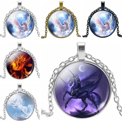 2019 Hot Childrens Unicorn Anime Surrounding Time Crystal Glass Convex Round Pendant Necklace Clothing Sweater Chain Jewelry