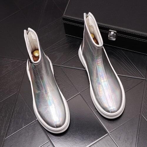 ERRFC New Arrival British Luxury Mens Silver Casual Shoes High Top Patent Leather Back Zip Man Trending Leisure Ankle Boots