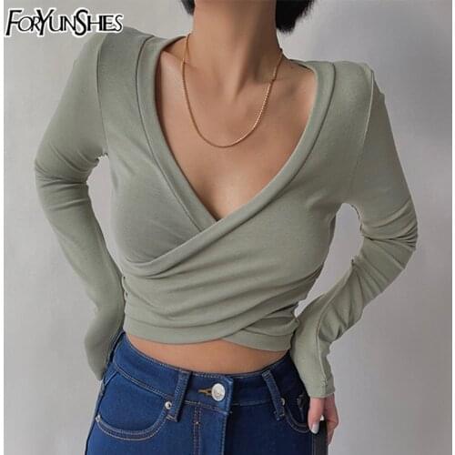 FORYUNSHES 2021 Y2k Sexy V-neck Crop Tops Cross Long Sleeve Bodycon T-Shirt Harajuku Women Slim High Waist Short Tee Goth Tshirt