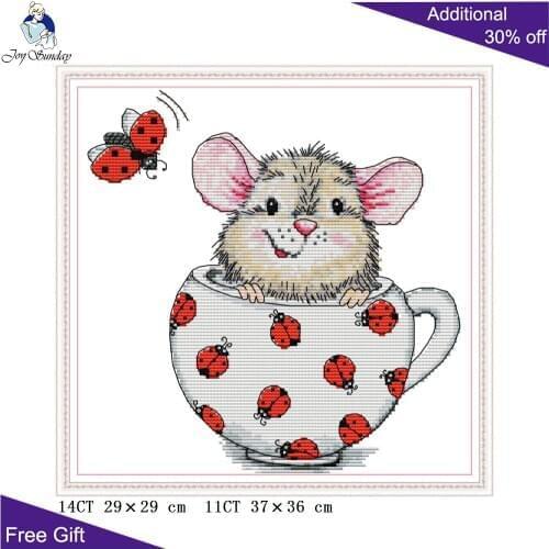 Joy Sunday Mouse In The Cup DA394 14CT 11CT Stamped and Counted Home Decor Baby Cute Mouse Needlework Craft Cross Stitch Kits