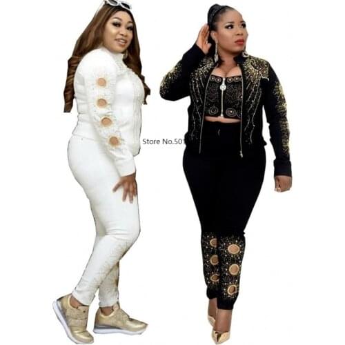 3 Piece Set Africa Clothes 2021 African Dashiki New Dashiki Fashion Suit Top And Trousers Super Elastic Party Plus Size For Lady