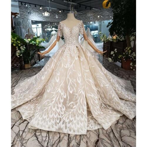 BGW HT4292 Lace Wedding Dress Leaf-shape Applique O-neck Peacock Style Princess Bridal Dresses For Girl Vestidos De Novia 2020