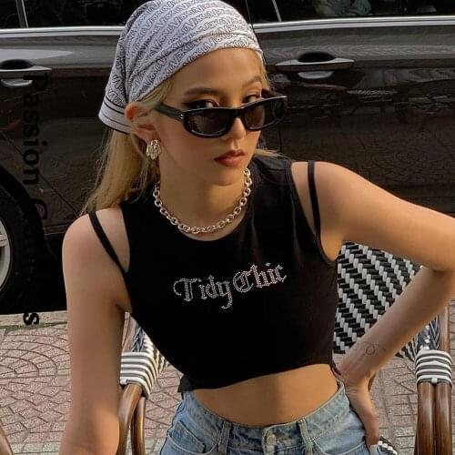 Fashion Y2k Women Rhinestone Letter Glitter Crop Shirts Double Shoulder Strap Irregular T Shirts Hot Drilling Bustiers Crop Tops