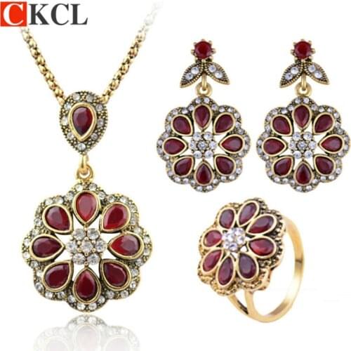 Women Crystal Flower Jewelry Sets Fashion Earing Vintage Ethnic Jewelry Turkish 3Pcs Nigerian Red Resin Bead Necklace Set