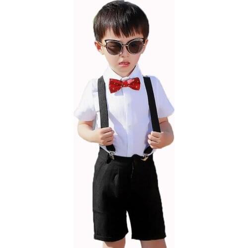 Flower Boys Bib Set Summer Childrens Shorts +Short Sleeve Shirts 2pcs Clothing Set Kids Speech Performance Costume