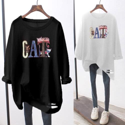2021 Spring New Korean Version Loose Fun Cartoon Print Tops Long Sleeves Mid-length Round Neck Large Size Tops Graphic Tee