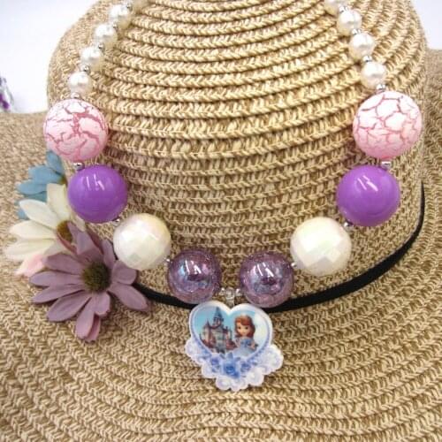 Kids Baby Birthday Gift Princess Sofia Castle Heart Charm Pendant Necklaces Toddler Girls Purple Chunky Beads Bubblegum Necklace