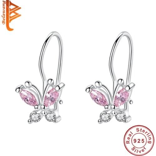 Wholesale Real 925 sterling Silver Pink Crystal Butterfly Earring Fashion Hoop Earring For Kids Girl Party Birthday Gift