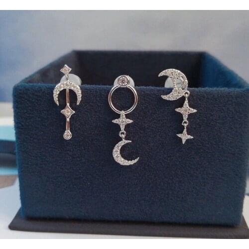 SLJELY Fashion Real 925 Sterling Silver Moon and Stars Stud Set Earrings with High Quality Zirconia Women Luxury Fine Jewelry