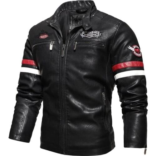 Embroidery Thin Motorcycle Jacket Racing Leather Jacket Men Color Block Patchwork Faux Leather Jacket Sprint Autumn Plus Size