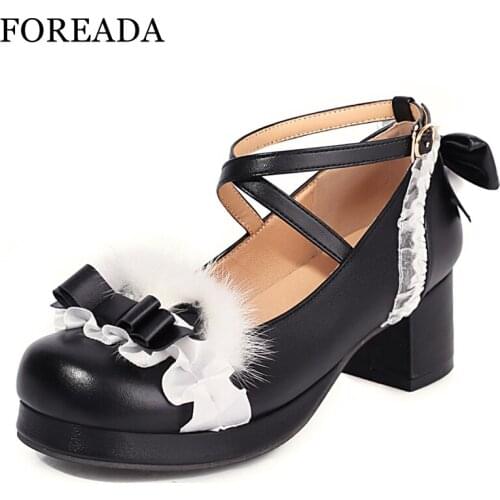 FOREADA Cross Strap Lolita Shoes Platform Round Toe Pumps Thick High Heel Buckle Shoes Bow Lace Female Footwear Autumn Black 46