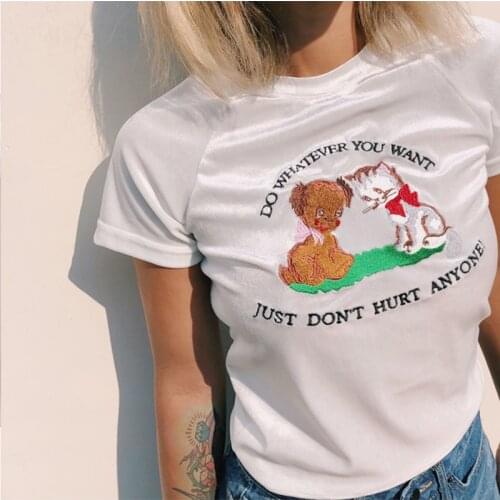 2021 Women Print Letter Lovely Dog And Cat Embroidered Velvet Tee White Velvet Short Sleeve T-shirts Round Neck T-shirt