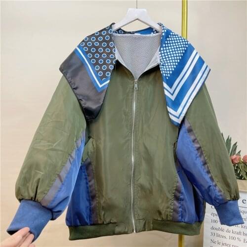 Womens Fashion Splicing Silk Scarf Baseball Uniform Jackets Women Spring Autumn New Style Korean Loose Casual Coats Thin Section