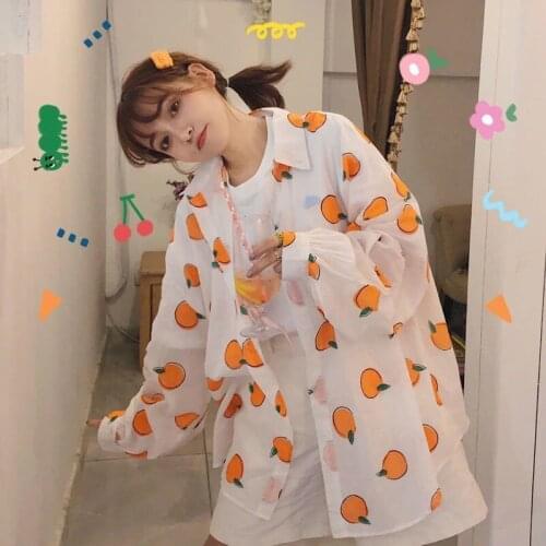 2021 Spring Fruit and Flower Print Blouse Women Chic Turndown Collar Womens Blouses and Shirts Chiffon Casual Shirt Femme Y208