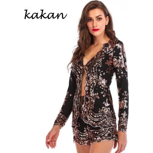 Kakan 2019 spring new womens sequins one-piece tights two-piece sexy long-sleeved bodysuit black jumpsuit