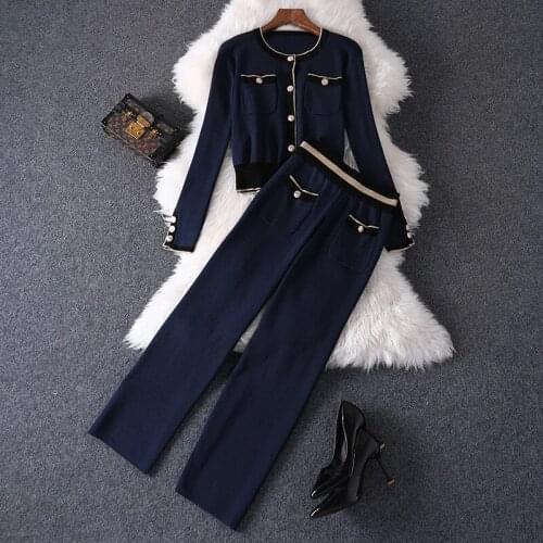 2021 Spring New Xiaoxiang Contrast Color Golden Edge Short Sweater Double Pocket Straight Pants Suit Two Piece Set Women