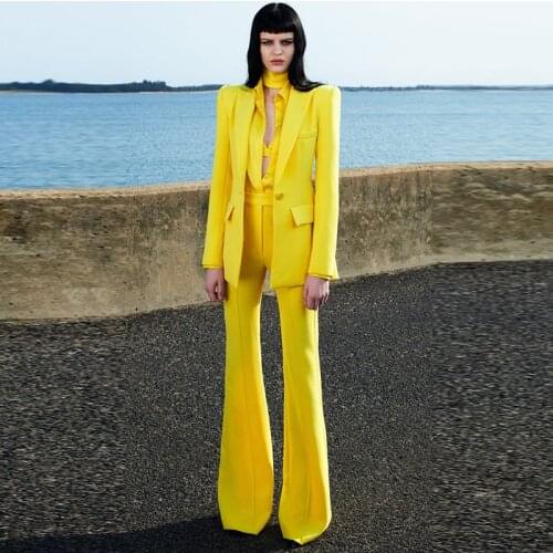 HIGH QUALITY Newest 2021 Runway Designer Suit Set Womens Career Single Button Blazer Jacket Flare Pants Suit 2pcs Set