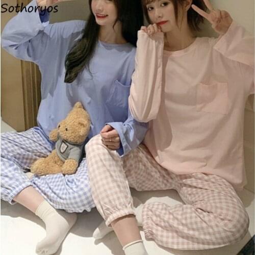 Women Pajama Sets Ins Chic Plaid Cotton Simple Long Sleeve Sleepwear Female Cute Breathable Elastic Waist Loose Sleeping Wear