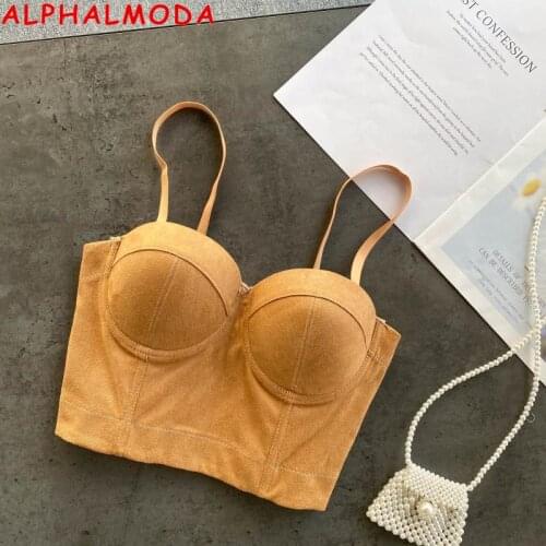 ALPHALMODA 2021 Suede Sexy Bustier Women Padded Adjustable Strap Suspender Bodice Hook Up Slim Fashion Underwear Crop Top