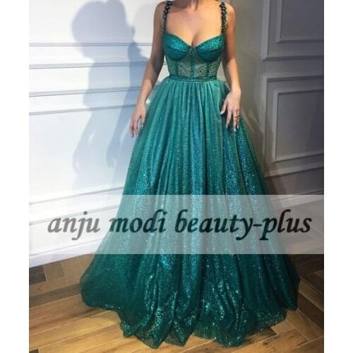 2021 Green Glittery Evening Dresses Long Spaghetti Straps Sweetheart Formal Evening Party Ball Gown Robe De So