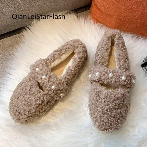 2021 Winter Wool Fluffy Loafers Pearl Mary Janes Shoes Women Warm Snow Shoe String Bead Slip on Shoes Ladies zapatos mujer
