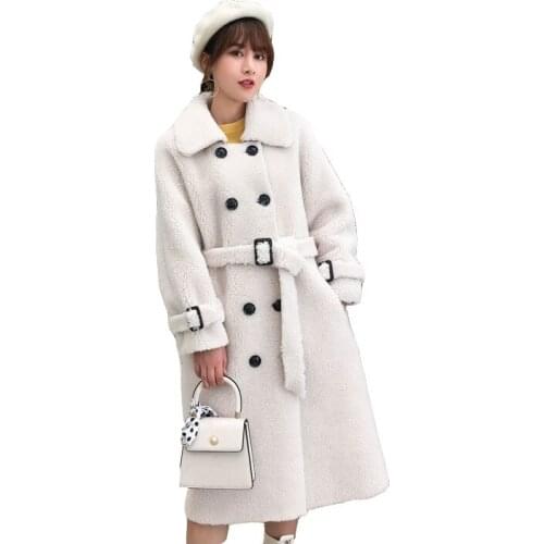 Winter real sheep shearling fur coat Trend New Pattern Lapel Belt Lamb Wool long Sleeves Thick Granule Warm Womens Overcoat