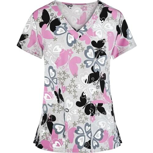 40# Women T-shirts Top Pocket Florak Short Sleeve V-neck Tops Nurse Working Uniform T-shirts Female Work Cloth T-shirts Футболки