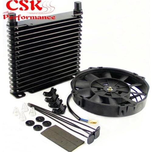 AN10 32mm Aluminum 15 Row Engine/Transmission Racing Oil Cooler +7" Electric Fan Kit Black